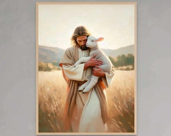 Jesus rettet den Einen, christliche Malerei, Jesus und das Lamm, Jesus Malerei, HLT Kunst, Bibel Drucke, Jesus Hirte Kunst, christliche Wandkunst