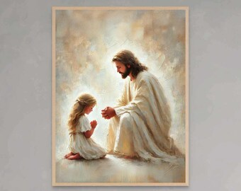 Jesus and Girl Praying, Christian Wall Art, Jesus with Girl, Jesus Painting, LDS Art, Bible Prints, Nursery Children Art, Jesus Printable