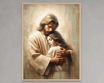 Seine Liebe, christliche Kunst, Jesus umarmt Frau, Jesus Drucke, LDS Malerei, Bibel Wandkunst, Jesus und Mädchen, Jesus Poster, christliches Bild
