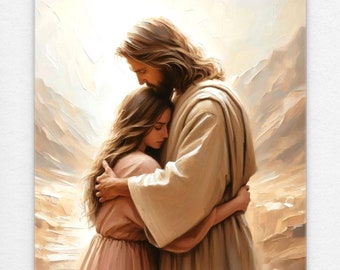 Umarmung der Liebe, christliche Wandkunst, Jesus umarmt Frau, Jesus Drucke, LDS Kunst, Bibelkunst, christliche Kunst, Bild von Christus, Jesus Kunst Download