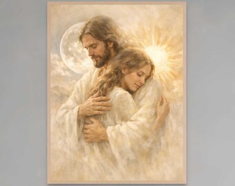 His Embrace, Christian Wall Art, Jesus Hugging Woman, Jesus Art, Christian Art Prints, Bible Art, LDS Art, Religious Art