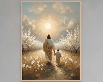 Der Sonne entgegen | Christliche Kunstdrucke | Jesus und Junge | Jesus druckbare Kunst | Jesuskind | Katholische Kunst | Jesus PNG | Jesus Bild