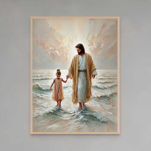 Jesus Walking on Water with Girl | Christian Art Prints | Jesus Walking on Water Art | Christian Poster | Picture of Jesus with Children Art