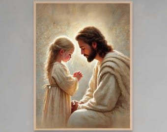 Mädchen und Christus | Christliches Aquarell | Jesus und Mädchen | Jesus druckbare Kunst | Jesus mit Kindern | Katholische Wandkunst | Jesus Christus