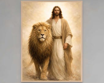 Löwe von Jehuda, Christliche Wandkunst, Jesus Kunst, Jesus mit Löwe, Religiöser Kunstdruck, Bibel Kunst, Jesus Malerei, Moderne Christliche Kunst