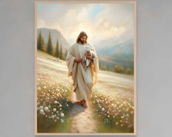 Friedlicher Spaziergang | Christliche Kunstdrucke | Jesus Hirte Kunst | Jesus Poster | Jesus und Lamm | Bibel Drucke | Jesus Kunst | Christlichen Download