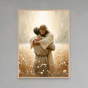 Cristo lo ama, arte cristiano moderno, Jesús abrazando a un hombre, arte mural de Jesús, arte mormón, arte de Jesús, pintura bíblica, impresiones de Jesús, póster de Jesús