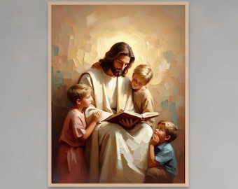 Unterricht im Frühling | Christliches Aquarell | Jesus mit Kindern | Jesus druckbare Kunst | Christus mit Zicklein | Bibel Wand Kunst | Jesus Kunst