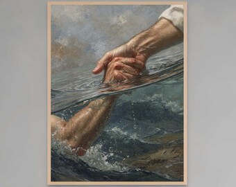 Sein fester Griff, Christliche Wandkunst, Jesus rettet Petrus, Jesus geht auf das Wasser, Jesus Kunstdrucke, Bibelkunst, moderne christliche Kunst