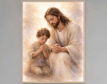Zusammen beten, christliche Wandkunst, Jesus beten mit Kind, Jesus Kunst, christlicher Druck, Bibelkunst, HLT Kunst, religiöses Aquarell