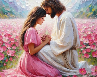 Frauen christliche Kunst, Mädchen Porträt Leinwand, Jesus digitale Kunst, Christus mit betender Frau, Christus Leinwandkunst