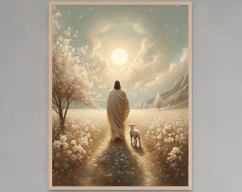 Jesus und das Lamm, christliche Wandkunst, Jesus Malerei, Jesus Kunstdruck, christliches Wohnkultur, Bibel Kunst, HLT Kunst, Jesus Wandkunst