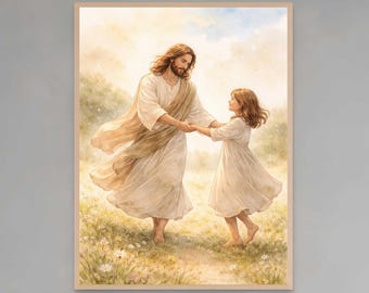 Tanz mit Jesus, christliche Wandkunst, Jesus tanzt, Jesus mit Mädchen, Aquarell Jesus Kunst, christliche Kunstdrucke, Bibelkunst