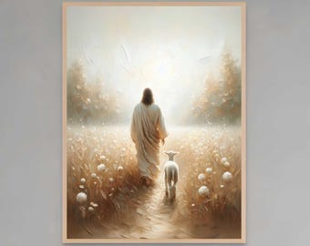Jesus mit Lamm | Christliches Aquarell | Jesus verläßt die 99 | Christliche Drucke | Jesus der Hirte Kunst | Katholische Kunst | Christliches Bild