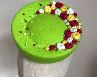 Green Wool Cocktail Hat Silk Rose Raked Pork Pie Fascinator