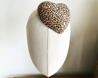 Mini Leopard Print Heart Cocktail Hat Faux Suede Millinery Fascinator