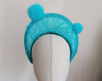 Turquoise Straw Half Halo Cocktail Hat Pom Pom Sinamay Bandeau Crown Millinery