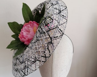 Black and White Straw Saucer Cocktail Hat Derby Millinery