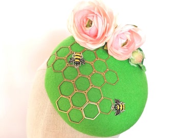 Bees in the Garden Green Wool Felt Cocktail Hat Honeycomb Percher Millinery