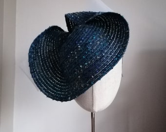 Blue and White Straw Saucer Cocktail Hat Millinery