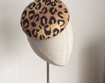 Leopard Print Cocktail Hat Hand Blocked Faux Suede Mini Pillbox Hat Fascinator
