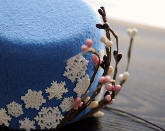 Snowflake Cocktail Hat Winter Wonderland Blue Wool Felt Mini Pillbox Hat