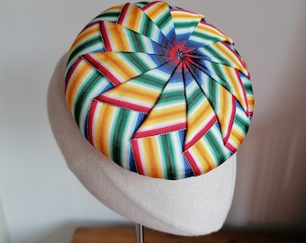 Rainbow Cockade Pleated Petersham Cocktail Hat Hand Blocked Mini Hat Millinery Fascinator