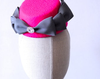 Hot Pink Cocktail Hat Hand Blocked Sloped Percher Hat Asymmetrical Fascinator