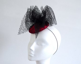 Pink Cocktail Hat Black Mesh Triple Bow Millinery Fascinator