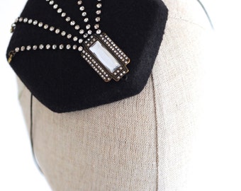 Art Deco Black Cocktail Hat Hexagon Mini Hat Wool Felt Millinery Fascinator
