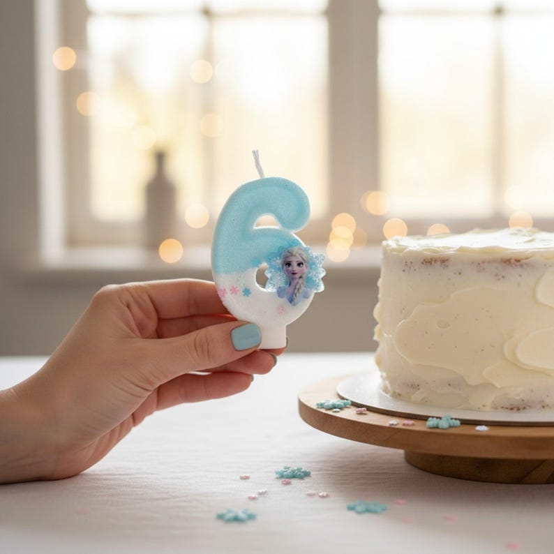 May include: A number six birthday candle featuring a light blue top and white bottom, decorated with small pink and blue snowflake accents and a small circular image of a blonde character with a blue dress on the lower right side of the candle.