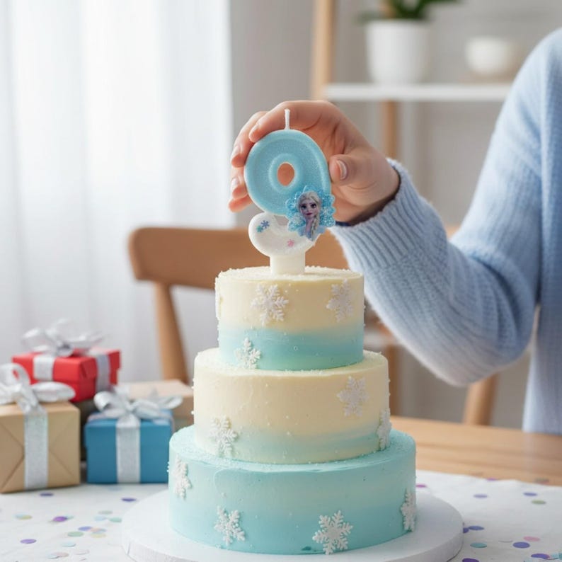 May include: A three-tiered cake with a light blue and white ombre frosting finish, decorated with white snowflake appliques. A light blue number nine birthday candle featuring a small character graphic is placed on top of the cake.