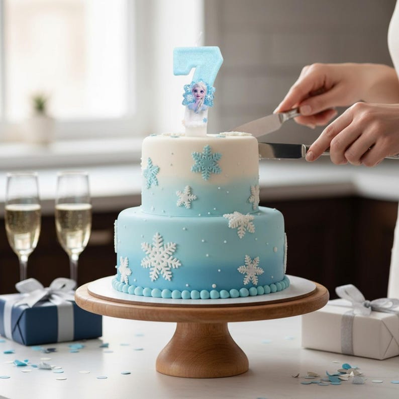 May include: A two-tier cake with a blue and white ombre finish, decorated with white and light blue snowflake appliques. A light blue number seven candle featuring a character graphic sits on top. The cake rests on a wooden pedestal stand.