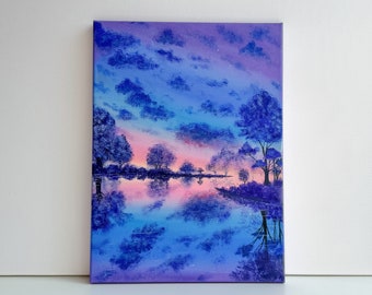 Serene Twilight - Original Acrylic Canvas Painting, Serene Landscape Art, Hand-Painted Wall Decor, Waterscape, Perfect for Home or Office