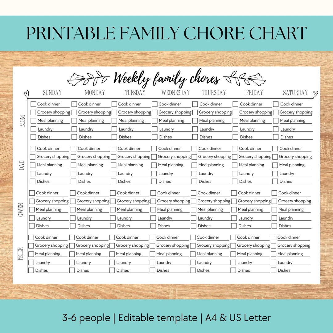 Adult Chore Chart Printable, Family Chore Chart Template, Teens, Weekly ...