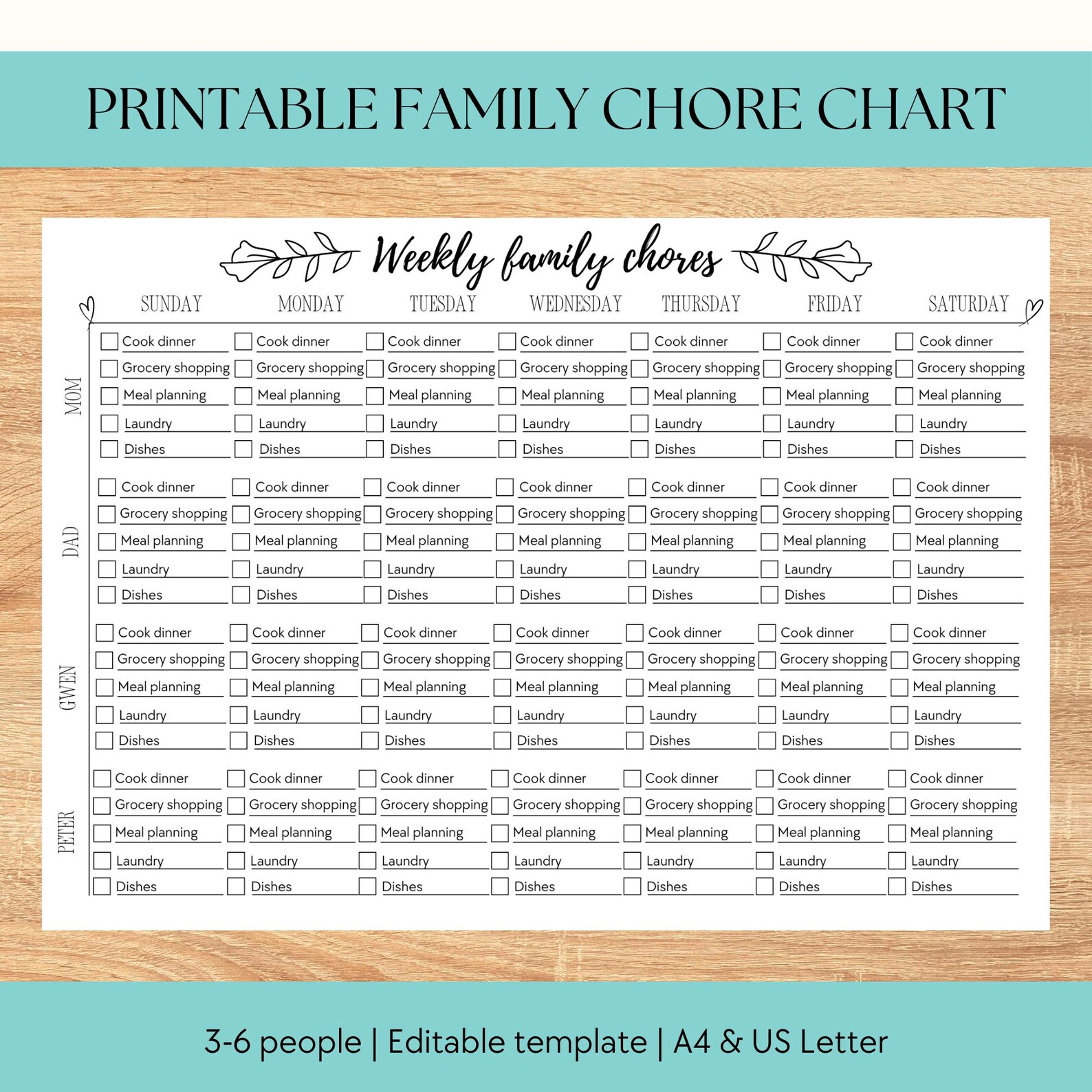 Adult Chore Chart Printable, Family Chore Chart Template, Teens, Weekly ...