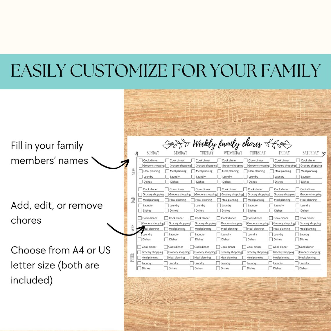 Adult Chore Chart Printable, Family Chore Chart Template, Teens, Weekly ...