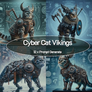 Cyber Cat Vikings ontwerpt midjourney-prompts, AI-kunst, prompt, midjourney AI-kunst, midjourney leren, digitale kunst, AI genereren, kunstafdruk