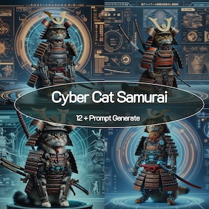 Cyber Cat Samurai Designs Midjourney Prompts, AI Art,Prompt, Midjourney AI Art, Learn Midjourney, Digital Art, AI Generate, Art Print