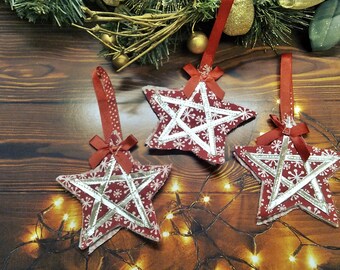 Christmas Tree Decoration Silver and Red Stars , Reusable Fabric Star Tree Ornament, ready to post, UK