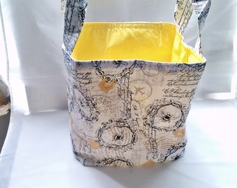 Bee print fabric storage box with handles, yellow cotton fabric basket, letter box gift handmade in Yorkshire