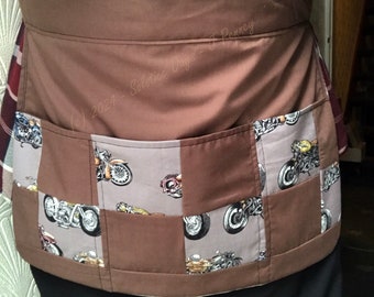 Brown Motorcycle Print Utility Apron: Patchwork Cotton, Tie Waist Pinny - Handmade