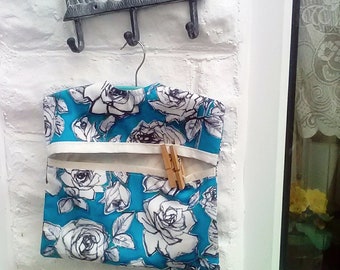 Lined Blue Roses Cotton Peg bag, includes wood Hanger Eco Friendly Laundry Bag, Housewarming Gift handmade in Yorkshire