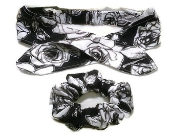 Black Rose Headband, Black floral hair accessory, cotton reusable elasticated