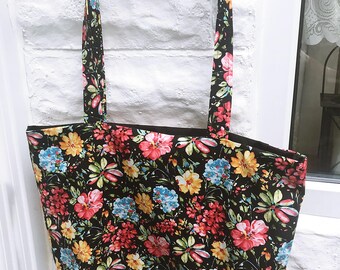 Black Floral Print Cotton Shoulder Bag: Handmade Eco-Friendly Lined Tote Bag