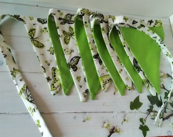Green butterfly bunting Full size reusable cotton bunting , 10 flags double sided and 2.2 metres long  handmade in Yorkshire