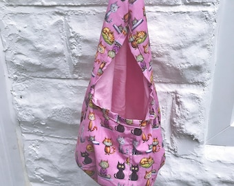 Cat Peg Bag, Lined Pink Cotton Laundry Bag, Wigwam Clothespins Holder, Handmade in Yorkshire