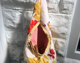 Flowers and Butterflies Cotton Peg Bag, Lined Storage Bag for Pegs, handmade in Yorkshire