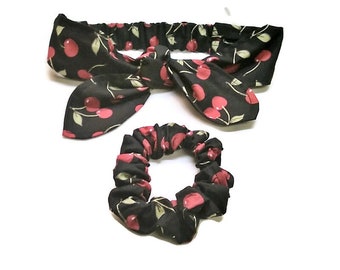 Cherries Top Knot Headband, Cherry Print cotton scrunchie handmade in Yorkshire letterbox gift