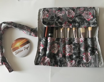 Floral Makeup Brush Roll: Grey Roses Cotton Storage Case, Handmade in Yorkshire